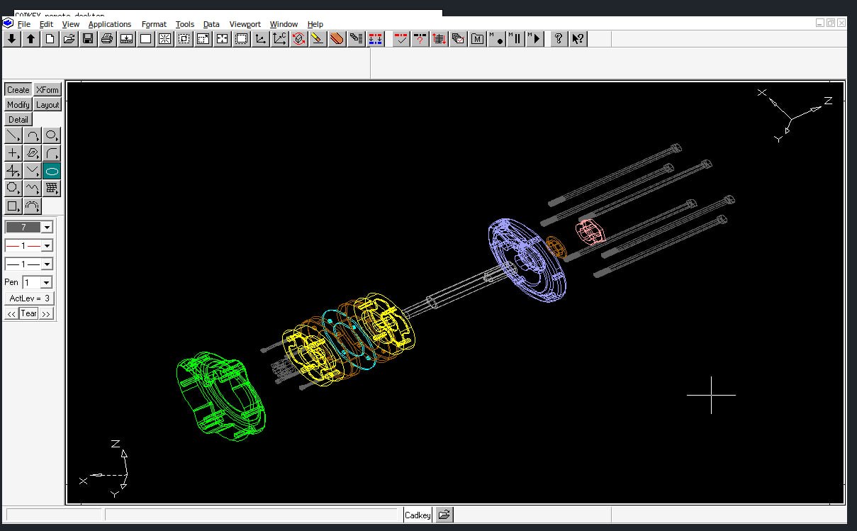 CADKEY 98 displaying the loaded assembly as a colored wireframe