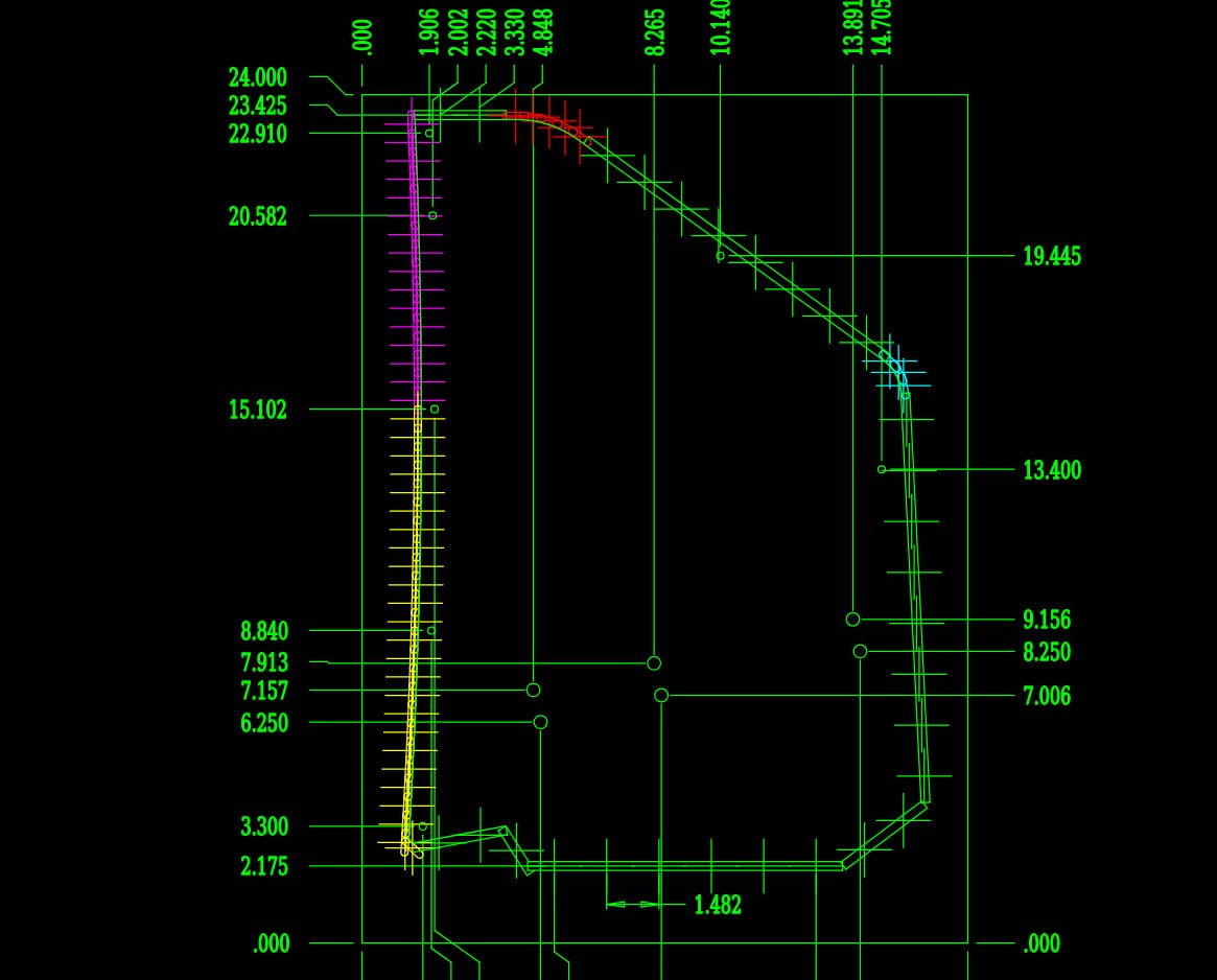 Recovered CADKEY kick-panel drawing with dimensions and annotations